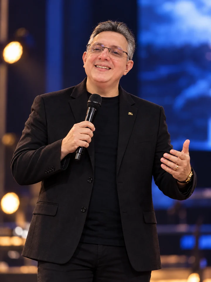 Pr. Júnior Bill sorrindo no palco, de blazer preto e microfone na mão